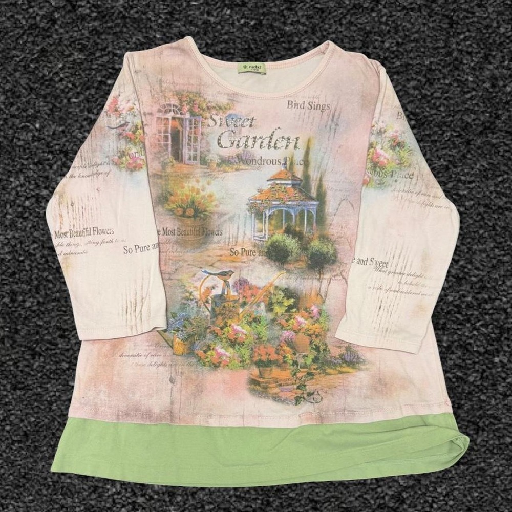 Cactus Women XL Y2K Sweet Garden Graphic Double Layer Shirt Pink Green Sparkle